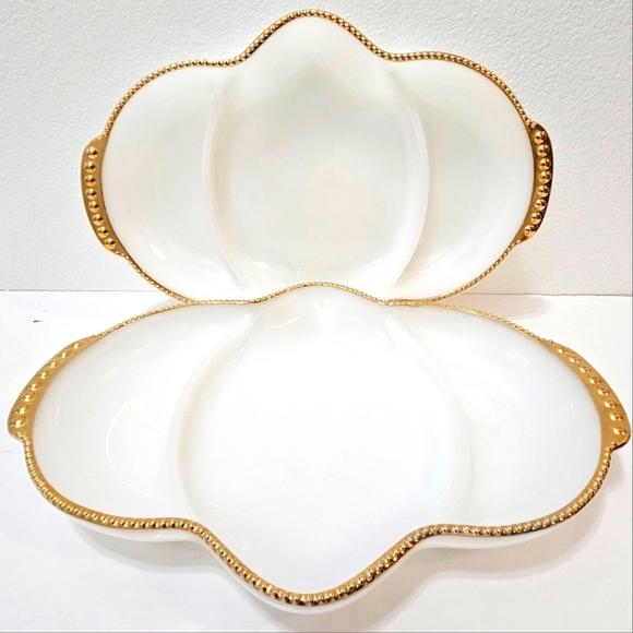 Vintage Anchor Hocking Fire King Milk Glass Relish Tray w/ Gold Beaded Trim (2) - Picture 6 of 13